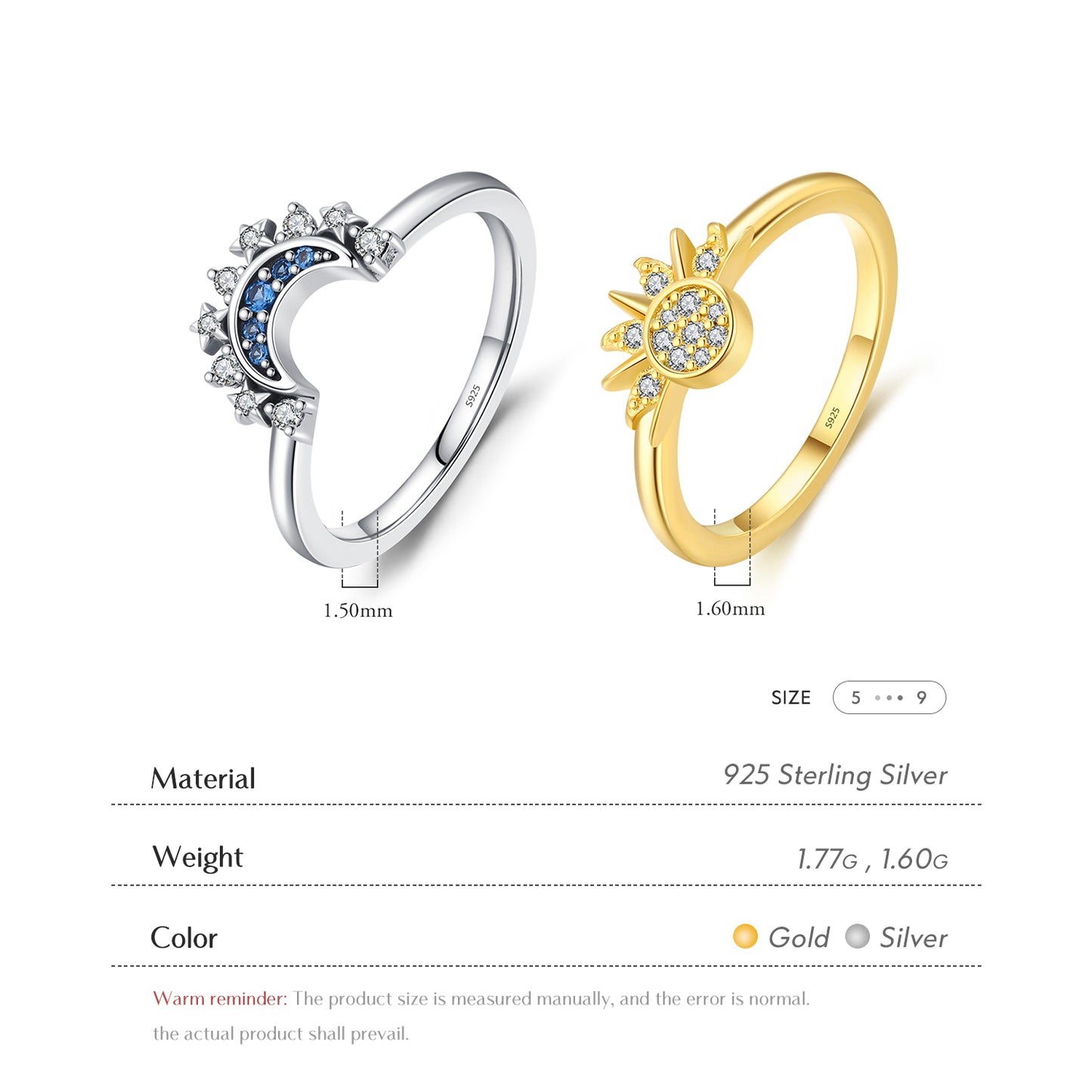 Dazzling Sun & Moon Friend Ring Set